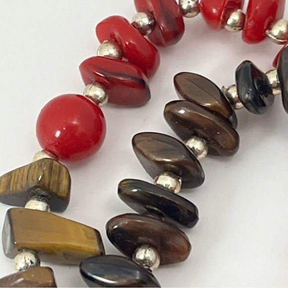 VTG 3 Strand Stone Beaded Red Brown Gold Tone - Picture 4 of 7